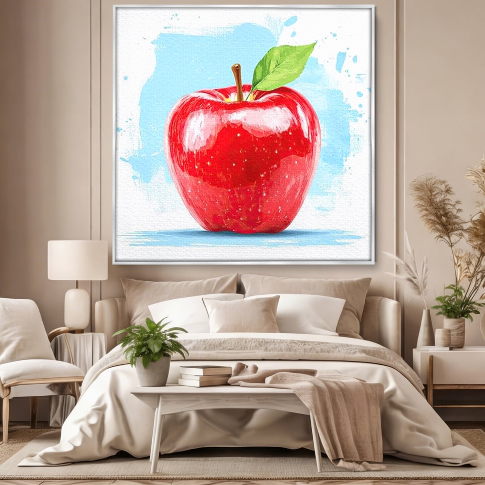 Tablou canvas cu pictura digitala cu un mar rosu, in rama de aluminiu argintiu, pe perete intr-un dormitor